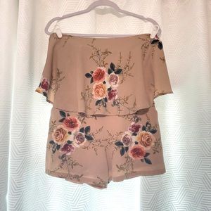 Blush / Tan Colored Rose Print Strapless Romper with Pockets